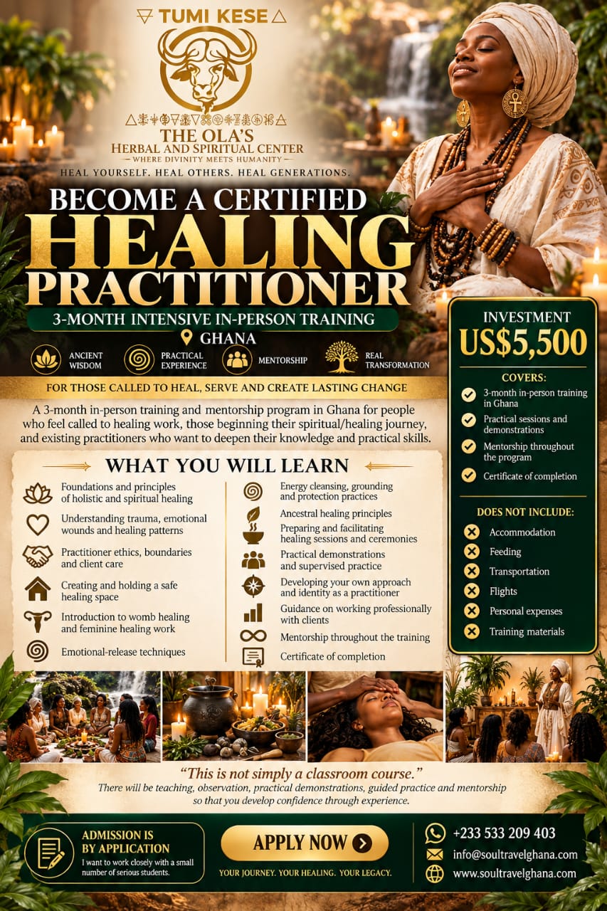 Training flyer for the three-month Healing Practitioner Training and Mentorship program in Ghana